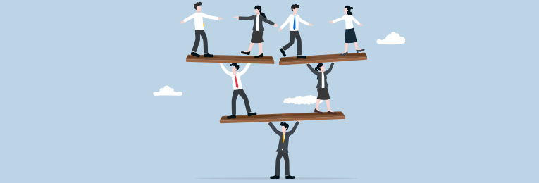 illustrative image of employees helping one another to keep up the balance of work